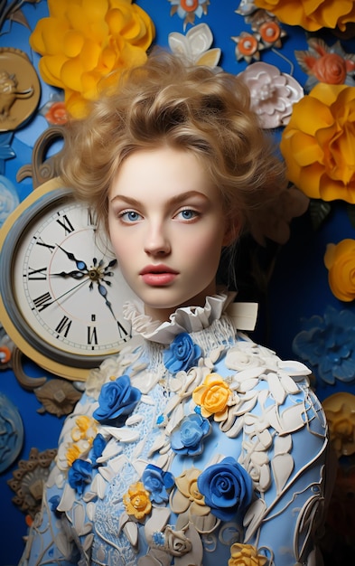 Beautiful model in fantasy floral dress background of vintage clocks and flowers on the wall