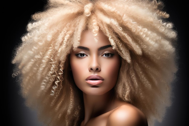 Красивая девушка-модель с большими светлыми афро-волосами. Уход за волосами и косметические средства для волос на белом фоне.