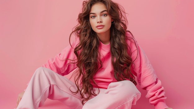 Beautiful model girl with flowing hair in pink clothes on a pink background