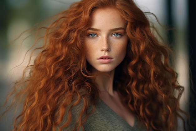 Beautiful model girl with long red curly hair Red head Care and beauty hair products