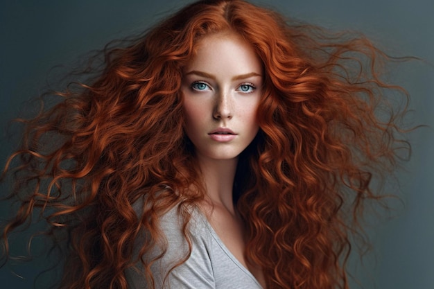 Красивая модель с длинными красными кудрявыми волосами, красная голова, уход и косметика для волос.