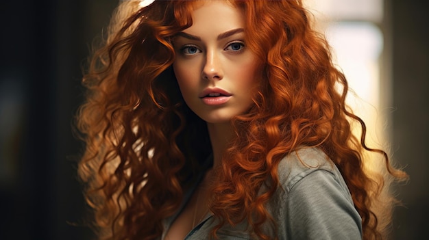 A Beautiful model girl with long red curly hair Red head Generative Ai