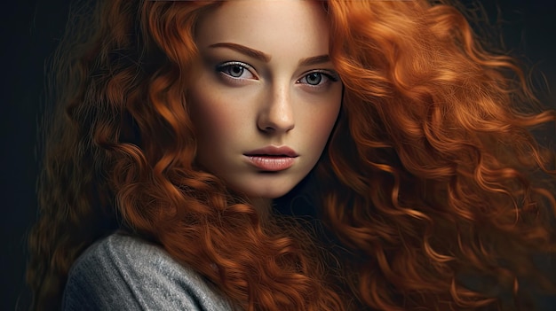 A Beautiful model girl with long red curly hair Red head Generative Ai