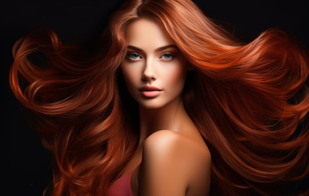 검은 바탕에 긴 빨간 머리카락을 가진 아름다운 모델 소녀