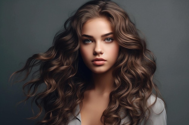 Beautiful model girl with long wavy and shiny hair Brunette woman with curly hairstyle