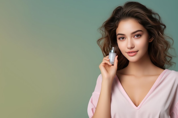 Beautiful model holds tube with cosmetic Beauty skin product Health Cosmetic Advertisement Created with Generative Ai Technology