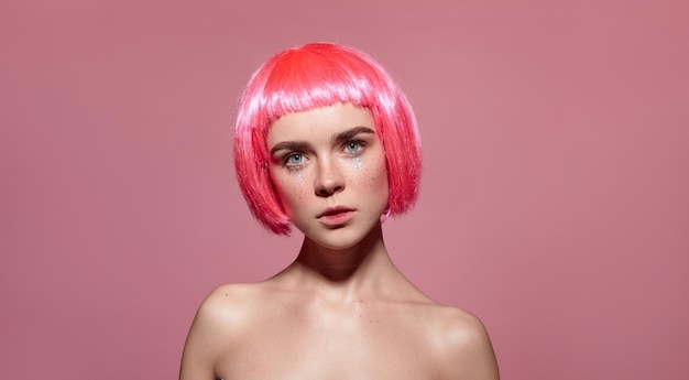 Beautiful model in pink wig