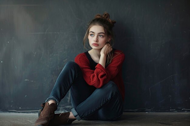 beautiful model posing sitting leaning against a wall thoughtful and sensual