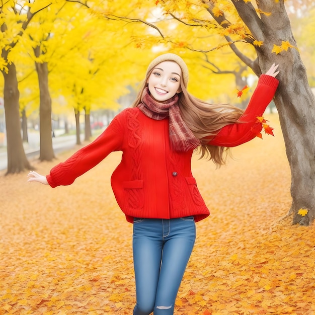 Beautiful model with autumn leaves young woman in autumn outfit during fall of leaves