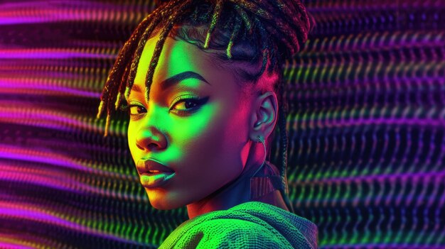 Beautiful model with colorful and trendy outfit with glowing purple green neon light colorful dyed hair and fashionable african glitch core teenager girl Picturesque generative AI