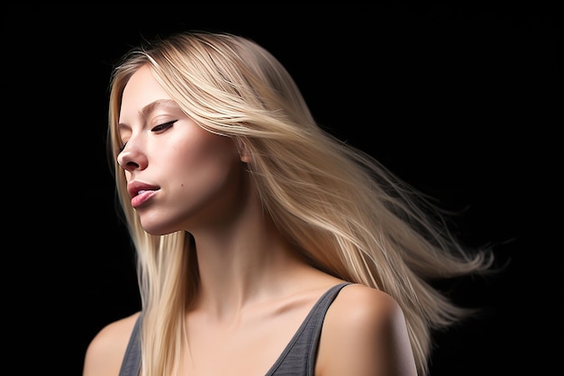 beautiful model with long smooth flying blonde hair isolated on black studio background