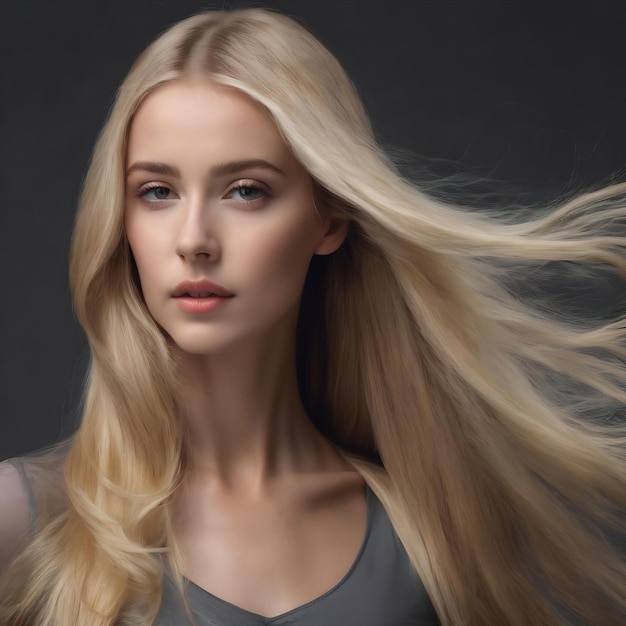 Beautiful model with long smooth flying blonde hair isolated on dark grey studio background