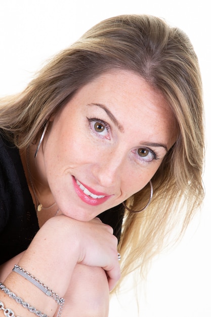 Beautiful model woman casual portrait in studio over white