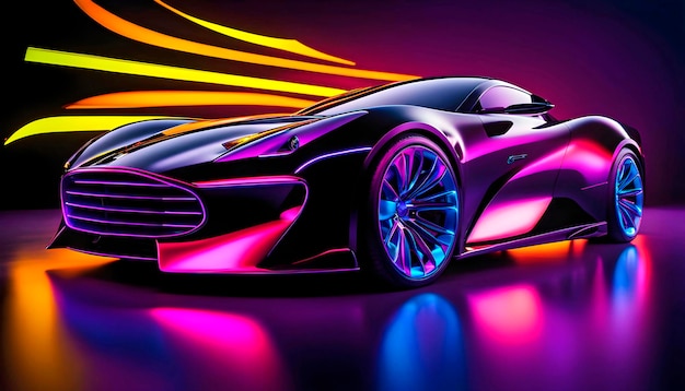 Beautiful modern abstract car design in neon light black shadows