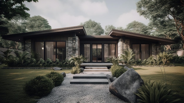 庭のある美しい近代建築のバンガロー 高級住宅 ジェネレーティブ AI