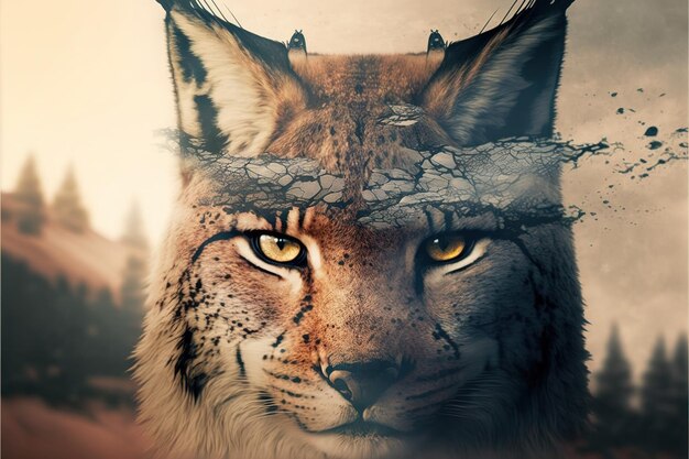 Beautiful modern design lynx with double exposure nature background