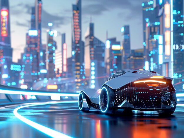 A beautiful modern designer futuristic car against the backdrop of a modern city