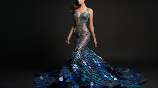 Beautiful modern evening dress with a nautical theme AI generation