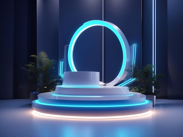 Beautiful modern futuristic podium with neon blue lighting for product presentation 3d rendering