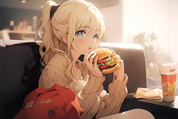 写真 大きな目でハンバーガーを食べている美しい現代の女の子ソファに座っているアニメ