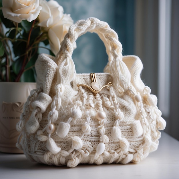 Foto bella e moderna borsa a maglia fatta a mano con motivi e texture intricate