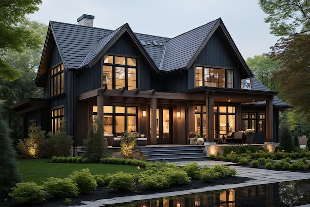 beautiful modern house in the autumn garden with a beautiful wooden roof