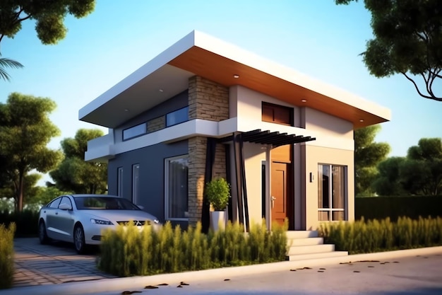 Красивый современный экстерьер дома с навесом для машины Современный жилой район и минималистское здание