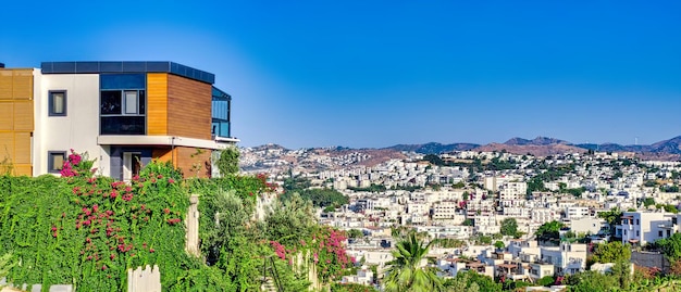 トルコの山々にある美しい近代的な木造の家で街の景色があります