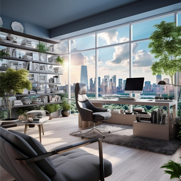 Beautiful Modern Office Room Interior Windows View