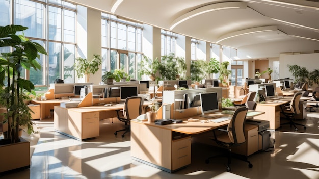 Photo a beautiful modern spacious office hall with panoramic windows and a perspective