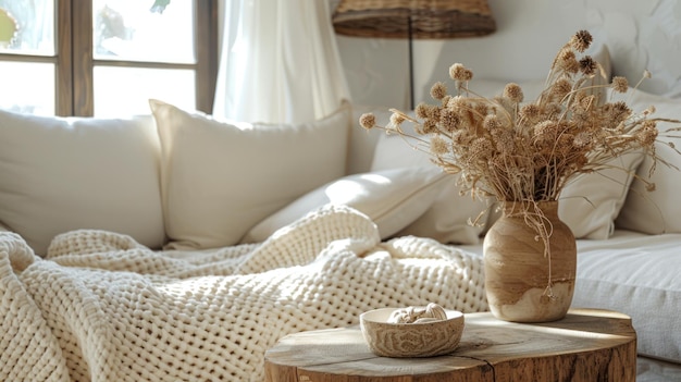 Beautiful modern Spanish living room interior White plastered walls wooden furniture in eco style