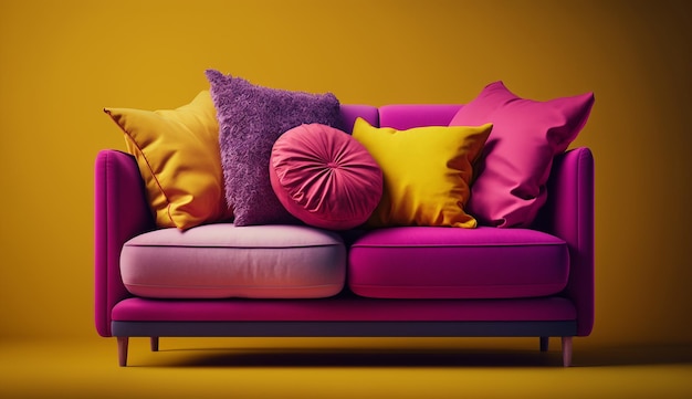 Красивый современный стильный дизайнерский диван пурпурного цвета с желтым генеративным искусственным интеллектом