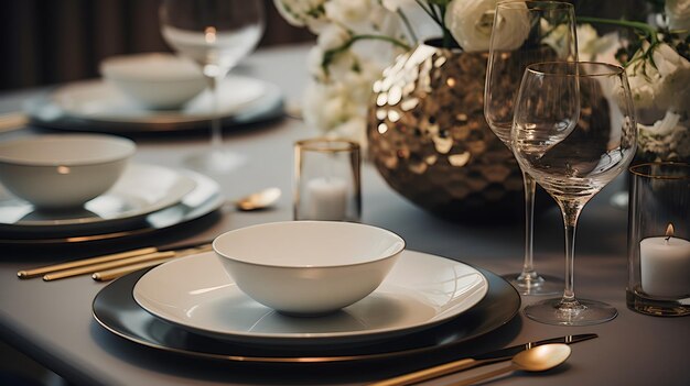 파티, 결혼식, 리셉션 또는 다른 휴일 행사를 위해 식구와 꽃을 가진 아름다운 현대적인 테이블 세팅 Farfor와 저녁 식사를 위한 식구