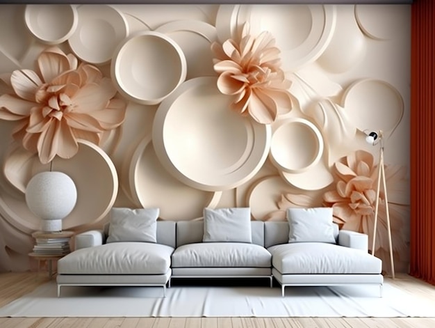 사각형과 꽃이 있는 거실의 아름다운 현대 벽화 장식