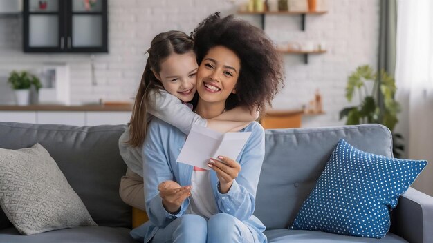 Beautiful mom holding lovely little daughter hug sitting together on living room sofa when she rece