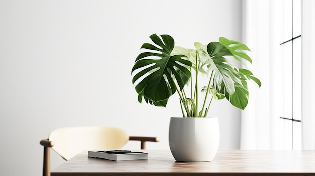 Photo beautiful monstera flower in a white pot stands on a wooden table on a white background the concept of minimalism