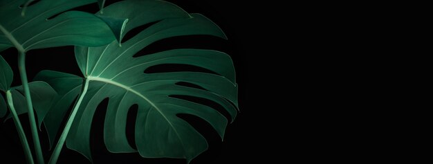 Photo beautiful monstera leaves on black, banner background