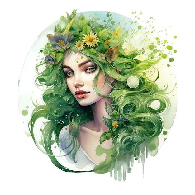 beautiful Moon goddess green magical clipart illustration