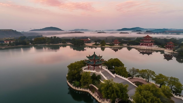 Photo beautiful moon lake park in ningbo china