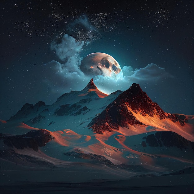 Beautiful moon in the night sky with mountain