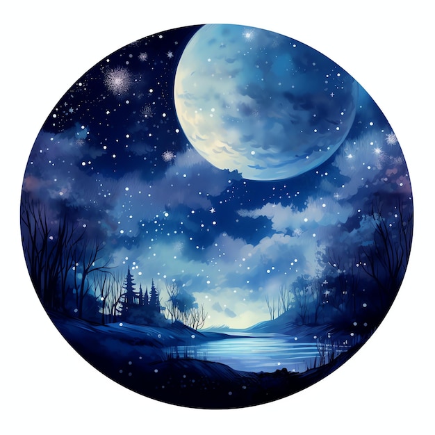 beautiful Moonlit night fantasy watercolor fairytale clipart illustration