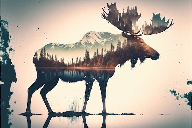 Beautiful moose in the woods double exposure with natural background