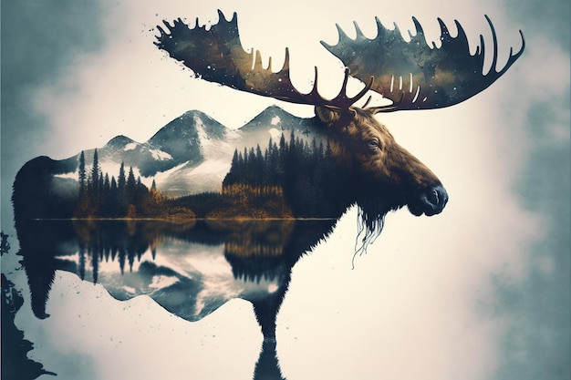 Beautiful moose in the woods double exposure with natural background