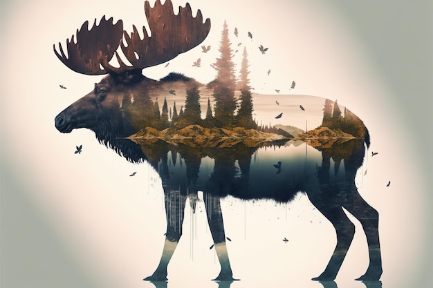 Photo beautiful moose in the woods double exposure with natural background