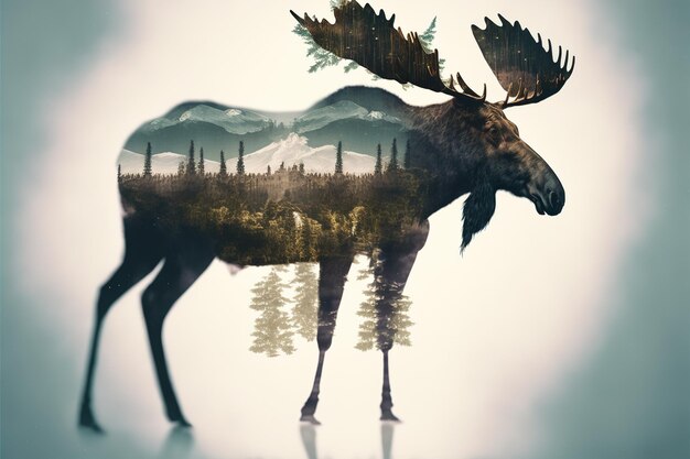 Красивый лось в лесу с двойной экспозицией на естественном чудесном фоне