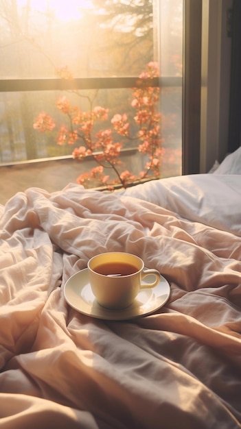 美しい朝とベッドの自然の景色 ベッドのコーヒーを垂直に写真