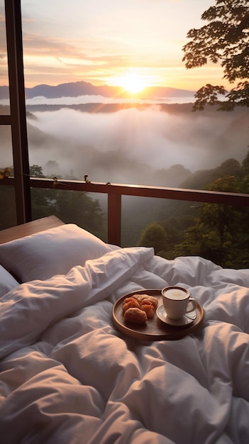 beautiful morning and bed view of nature bed coffee on it vertical photo