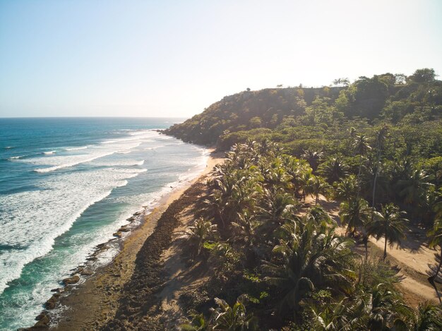 Beautiful morning coast in aguadilla surfer beach aerial captures from puerto rico