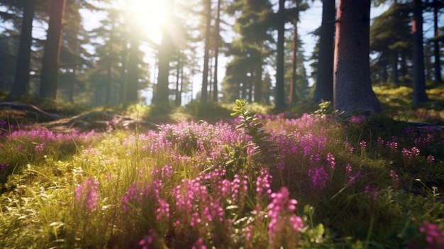 Beautiful morning in the forest full of heather flow Ai Generative