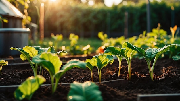 A beautiful morning image at the golden hour of a vegetable garden just being planted with due drip